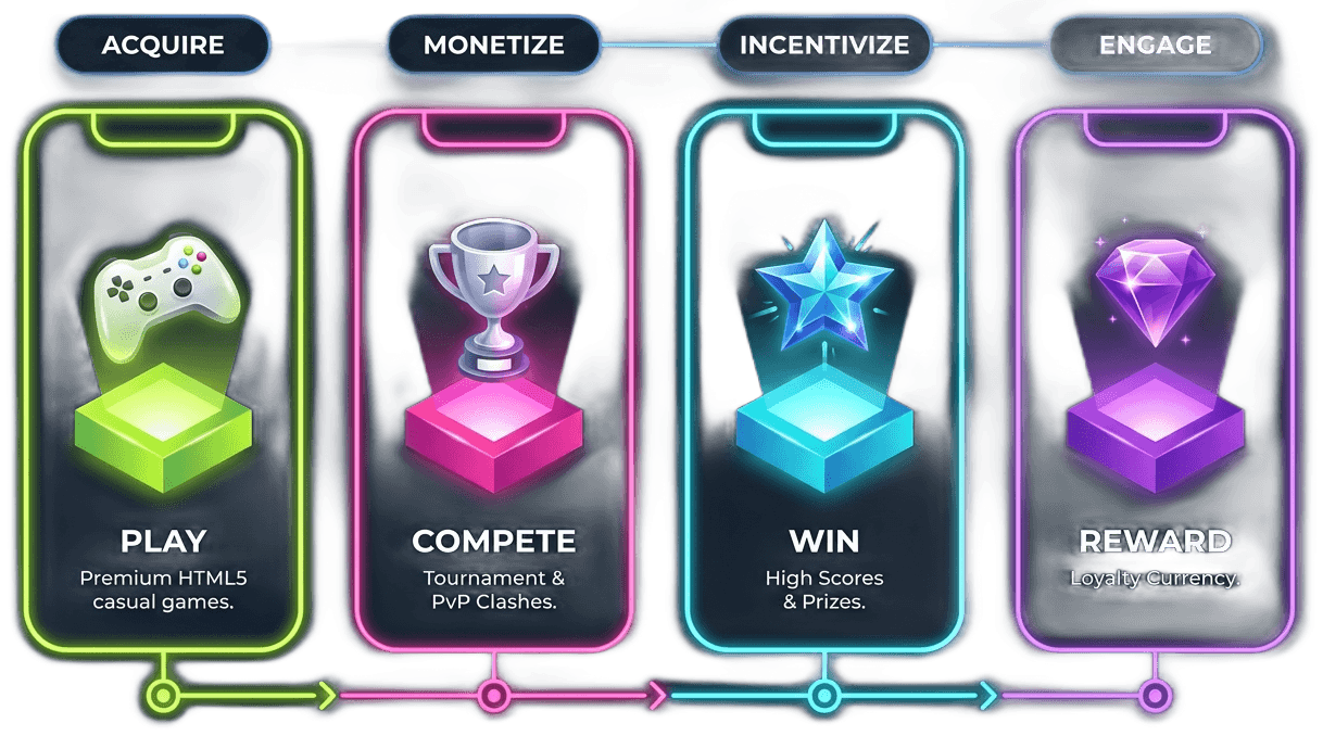 The GameZBoost Engagement Loop - Acquire and Play, Monetize and Compete, Incentivize and Win, Engage and Reward: premium HTML5 games, tournaments and PvP clashes, high scores and prizes, and loyalty currency