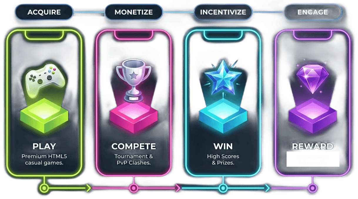 The Engagement Loop: Play, Compete, Win and Reward, mapped to Acquire, Monetize, Incentivize and Engage