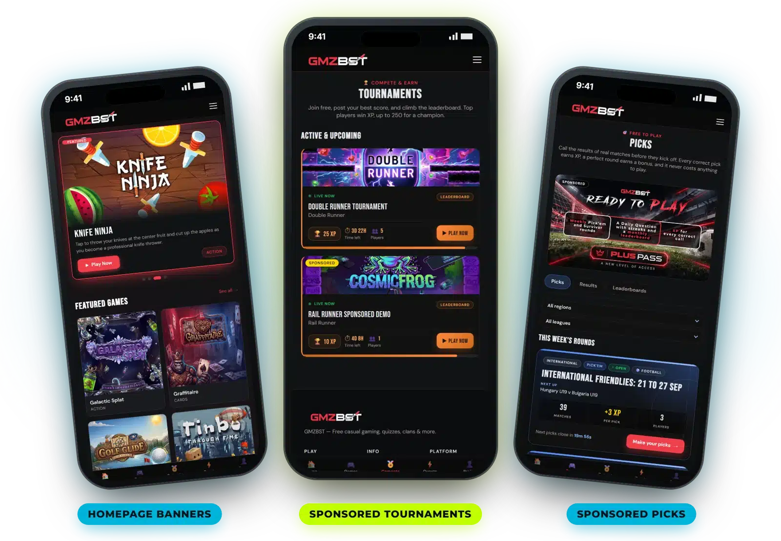 Sponsor placements: homepage carousel banner, sponsored tournament and sponsored Picks page