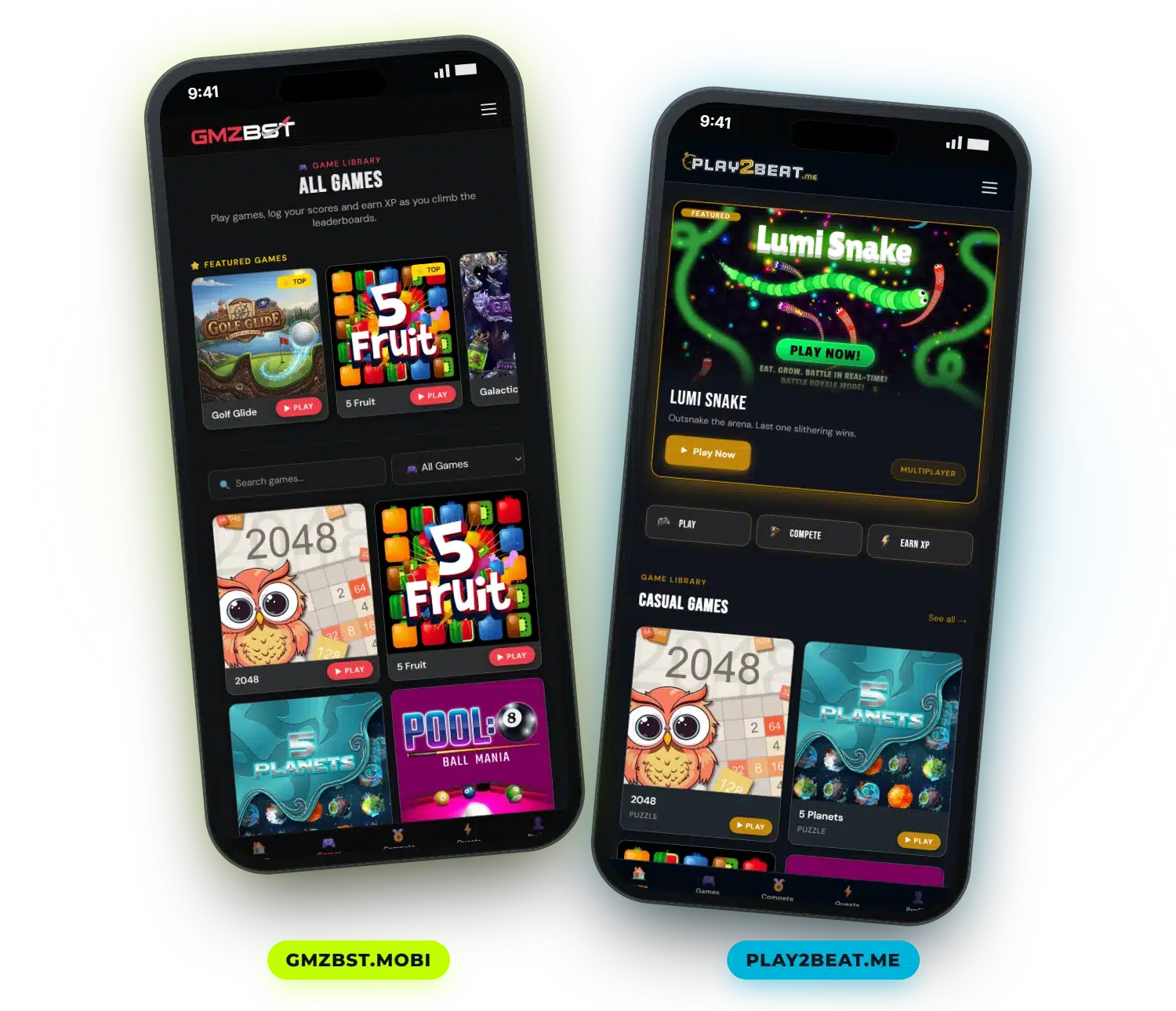 The same HTML5 casual games library on GMZBST.mobi and on the white label site Play2Beat.me
