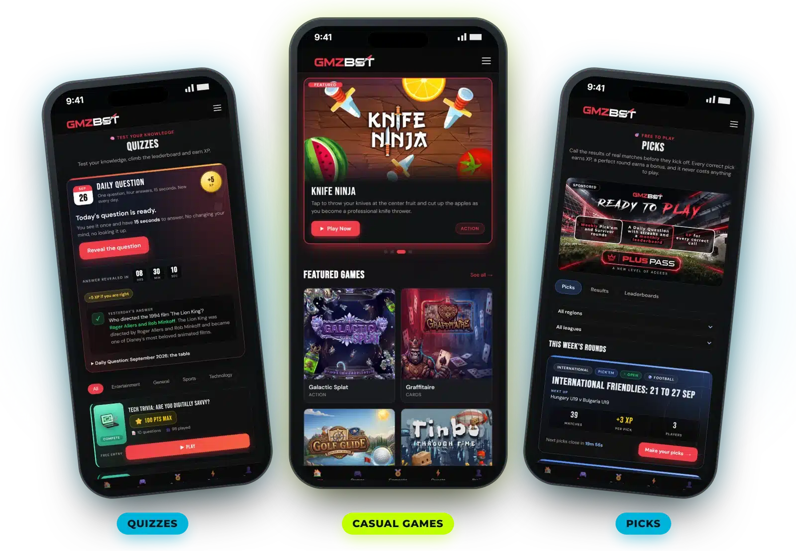 The GMZBST Games Platform on three phones: casual games, quizzes with the Daily Question, and free-to-play Picks