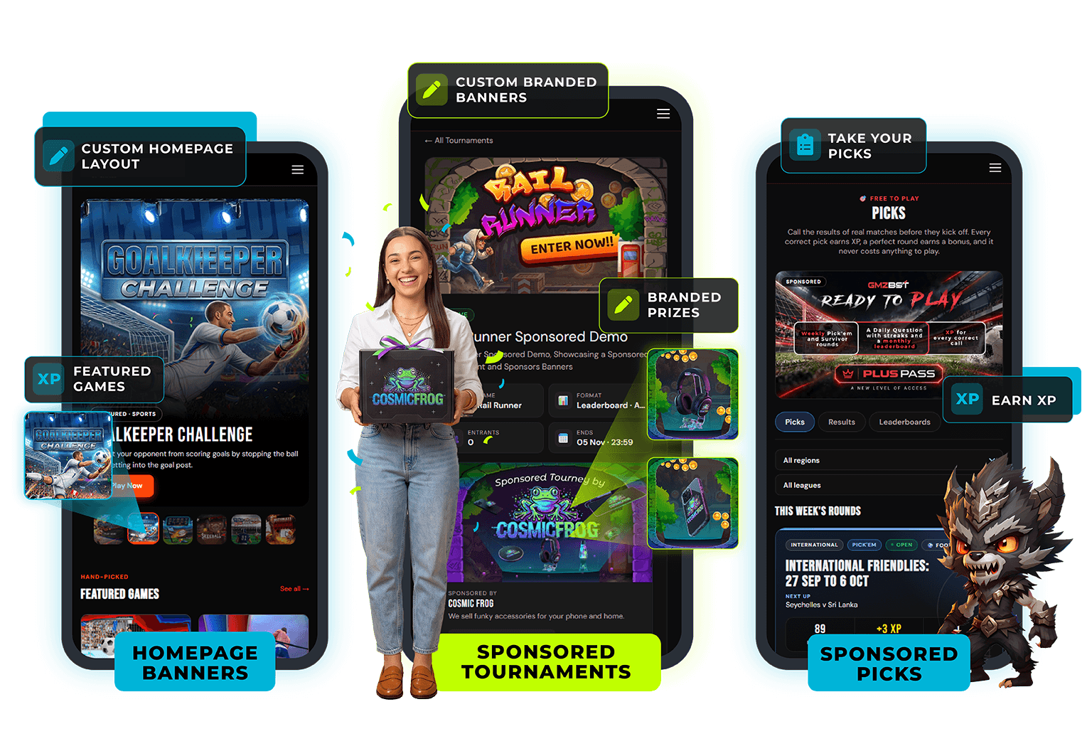 Sponsor placements on the GMZBST Games Platform: homepage carousel banner, sponsored tournament and sponsored Picks page